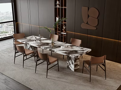 Modern Marble Top Dining Table And Chairs In Spacious Room With Black Wall Decor 3d model