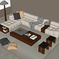 Sofa Coffee Table Combination Multi-person Corner Sofa Solid Wood Coffee Table Stool Pillow Floor Lamp Decorations 3d model