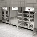 Modern Canteen Interior With Stainless Steel Storage Cabinets White Brick Walls And Red Tiled Floor