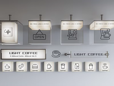 Coffee Shop Public Facility With Breakfast Station Signage Open Sign And Food Drink Icons 3d model