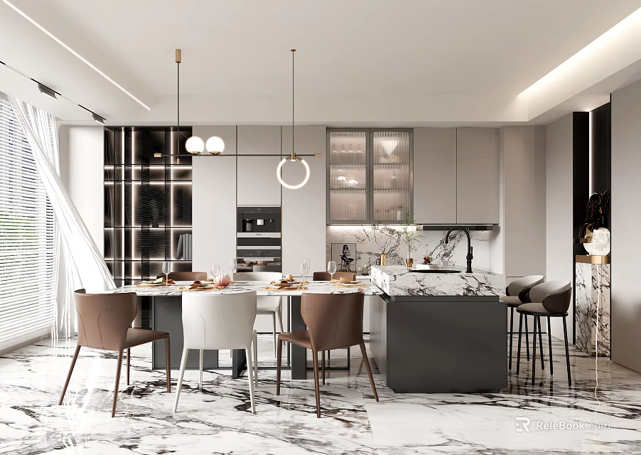 Modern Restaurant Interior Design With Dining Table Chairs And Pendant Lights 3d model