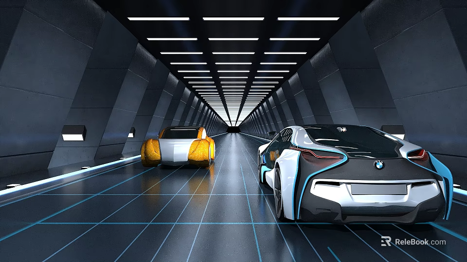 Futuristic Tunnel like Interior Space with Two Cars Black Background Blue Lines and Ceiling Lights 3d model 