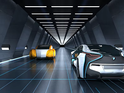 Futuristic Tunnel like Interior Space with Two Cars Black Background Blue Lines and Ceiling Lights 3d model