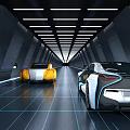 Futuristic Tunnel like Interior Space with Two Cars Black Background Blue Lines and Ceiling Lights