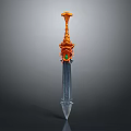 Fantasy Sword With Orange Hilt Green Gemstone Blue Blade And Intricate Design