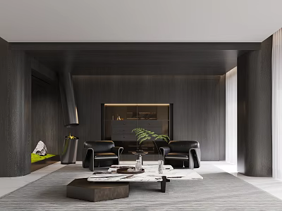 Modern Living Room Interior With Dark Wood Walls Black Armchairs And Marble Coffee Table 3d model