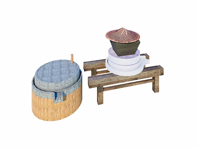 Traditional Bamboo Container And Wooden Rack With Stacked Bowls And Hat Shaped Lid 3d model