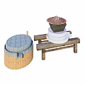 Traditional Bamboo Container And Wooden Rack With Stacked Bowls And Hat Shaped Lid