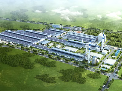 Modern Industrial Factory With Solar Panel Covered Roofs And Surrounding Green Areas 3d model