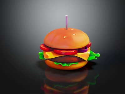 Delicious Fresh Hamburger With Bun Patty Tomato Lettuce Onion And Toothpick 3d model