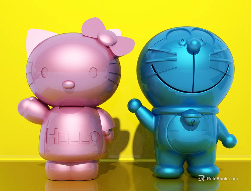 Pink and Blue Metallic Dolls with Bow Bell HELLO Text on Yellow Background 3d model 
