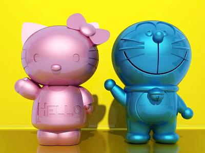 Pink and Blue Metallic Dolls with Bow Bell HELLO Text on Yellow Background 3d model