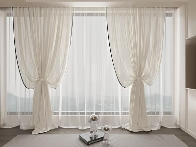 Elegant White Curtains With Sheer Drapes Tied Back In Modern Interior Design 3d model