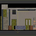 Industrial Warehouse Interior With Roll Up Door Staircase Barrels Shelving And Container