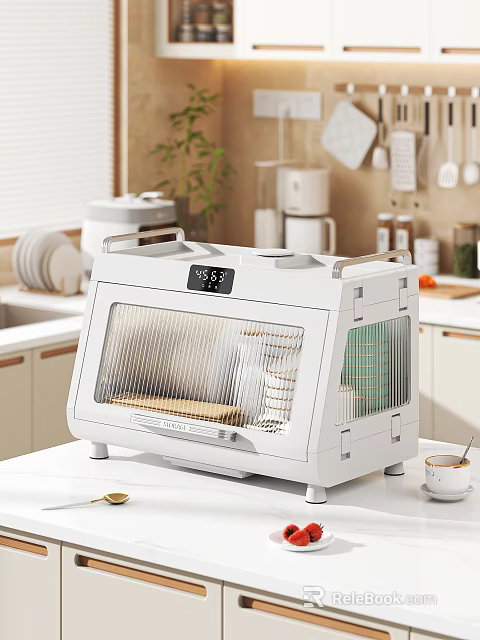 White Toaster Oven With Digital Display Transparent Door And Coffee Cup On Kitchen Countertop 3d model 