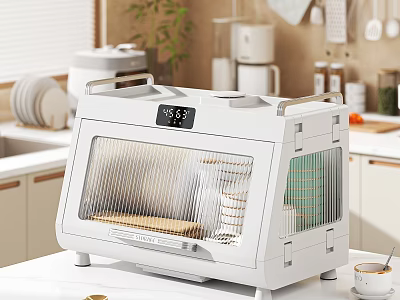 White Toaster Oven With Digital Display Transparent Door And Coffee Cup On Kitchen Countertop 3d model