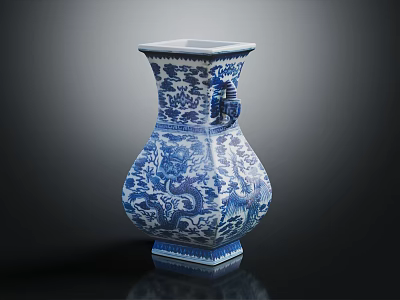Traditional Chinese Blue and White Ceramic Vase With Dragon Pattern Double Ears Hexagonal Base 3d model