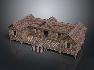 Traditional Wooden Building With Thatched Roof Connected Rooms And Porch Steps 3d model