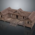 Traditional Wooden Building With Thatched Roof Connected Rooms And Porch Steps