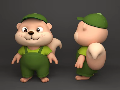 Cute Cartoon Squirrel Character In Green Outfit With Front And Back Views 3d model