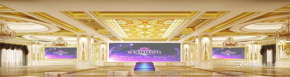 Luxurious Hotel Lobby With Golden Decorated Ceiling Stained Glass And Wedding Stage Design 3d model 