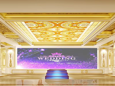 Luxurious Hotel Lobby With Golden Decorated Ceiling Stained Glass And Wedding Stage Design 3d model