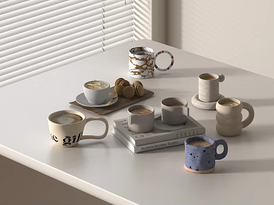 Delicious Assorted Cookies And Coffee In Various Mugs On White Table With Book 3d model