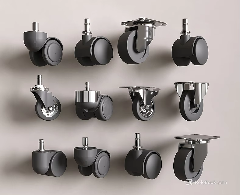 Various Casters with Different Wheel Designs and Metal Mounting Brackets 3d model 