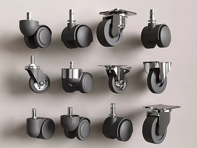 Various Casters with Different Wheel Designs and Metal Mounting Brackets 3d model