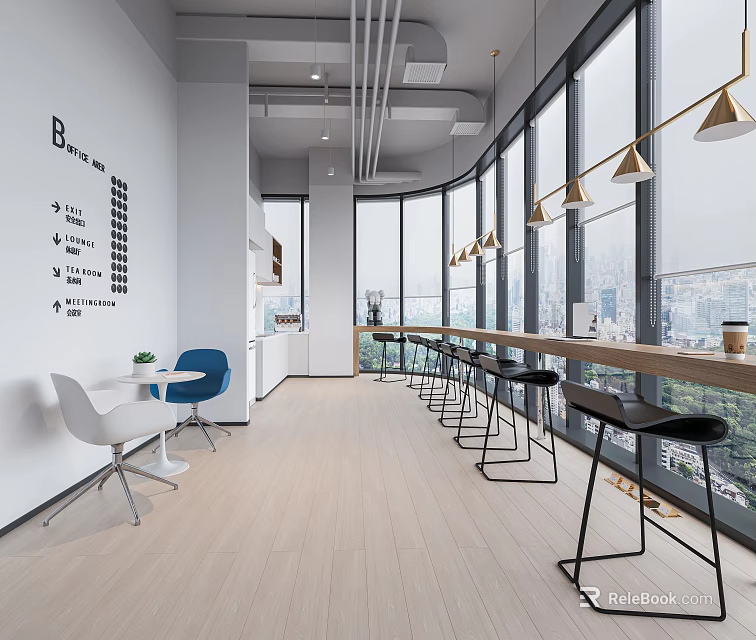Modern Break Room Interior With Large Windows City View Bar Stools Wall Text And Tables 3d model