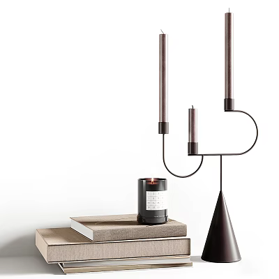 Elegant Decorative Ornament Set With Metal Candle Holder Lit Candle Stacked Books And Wooden Base 3d model