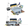Kids Bed with Blue Headboard Patterned Bedding Nightstand Chair and Colorful Rug