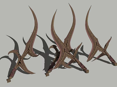 Sharp Curved Blade Fantasy Weapons With Brown Handles And Intricate Designs 3d model