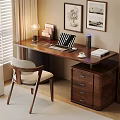 Wooden Study Desk With Lamp Notebook Chair Bookshelf And Wall Art Near Window Blinds