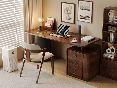 Wooden Study Desk With Lamp Notebook Chair Bookshelf And Wall Art Near Window Blinds 3d model