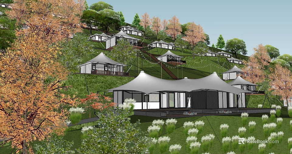 Garden Landscape Design Featuring Hillside White Tent Like Buildings Green Trees And Lawns 3d model 