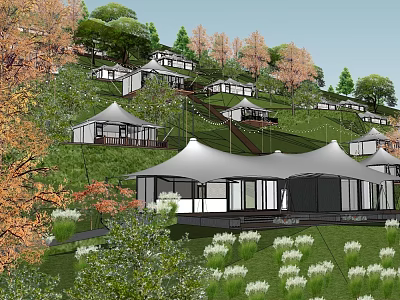 Garden Landscape Design Featuring Hillside White Tent Like Buildings Green Trees And Lawns 3d model