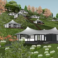 Garden Landscape Design Featuring Hillside White Tent Like Buildings Green Trees And Lawns