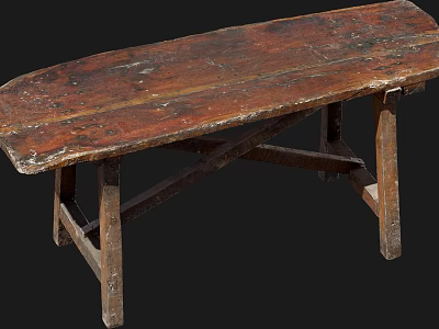 Long Antique Wooden Bench With Worn Surface And Rustic Solid Wood Legs 3d model