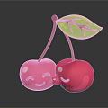 Cute Pink Cherries with Smiling Faces Red Stems and Green Leaf on Dark Background 3d model