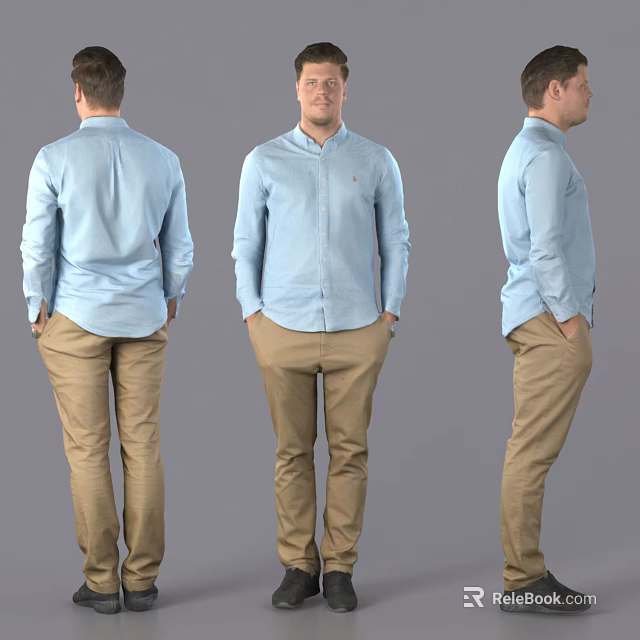 Man In Light Blue Shirt And Khaki Pants With Hands In Pockets From Three Angles 3d model 