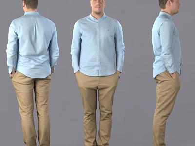 Man In Light Blue Shirt And Khaki Pants With Hands In Pockets From Three Angles 3d model