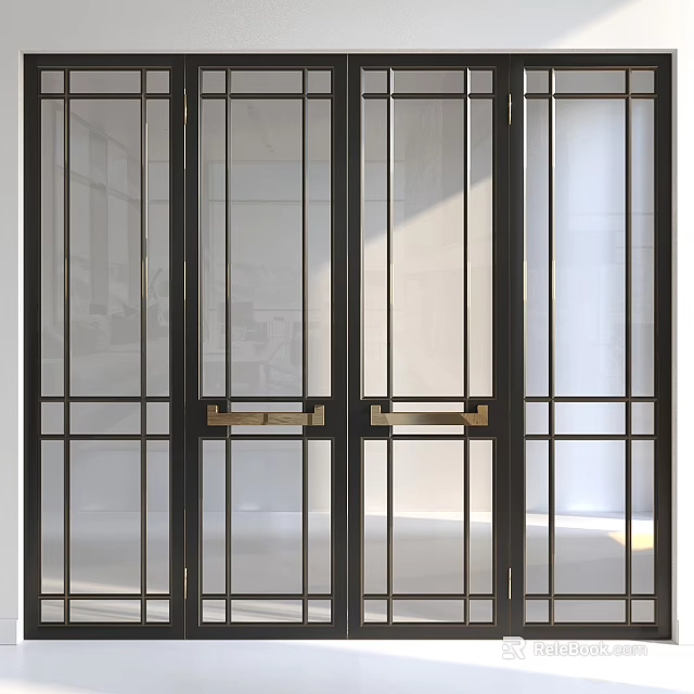 Modern Interior Glass Doors Featuring Black Frame Golden Handles And Grid Pattern 3d model