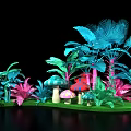 Whimsical Fantasy Garden Scene With Colorful Mushrooms Green Plants And Vibrant Leaves