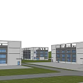 Modern Multi Storey Industrial Factory Building With Large Windows Parking Truck Container Grass Blue Sky