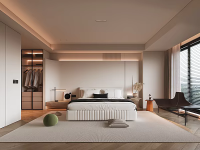 Modern Minimalist Bedroom Interior With White Bed Wardrobe Large Window And Soft Rug 3d model