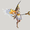 Game Movie Character With Golden White Wings And Blue Gem Staff In White Gold Outfit