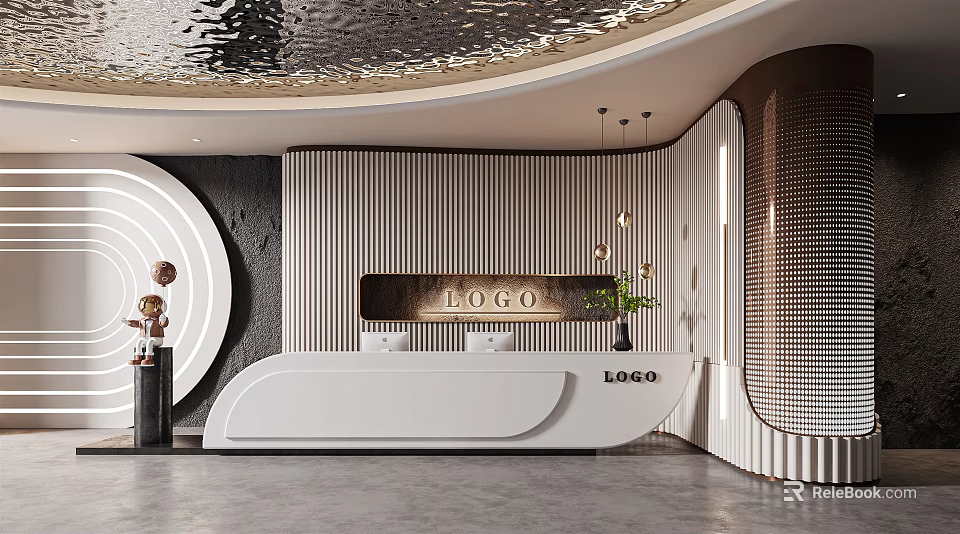Elegant Modern Curved Reception Desk With Striped Backdrop Decorative Plants Soft Lighting And LOGO 3d model 
