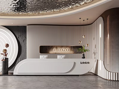 Elegant Modern Curved Reception Desk With Striped Backdrop Decorative Plants Soft Lighting And LOGO 3d model