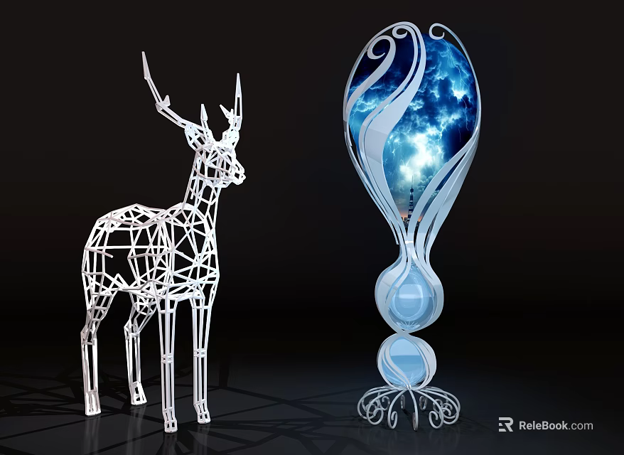 Decorative Wireframe Deer Sculpture And Ornamental Lamp With Blue Starry Cosmic Design 3d model 